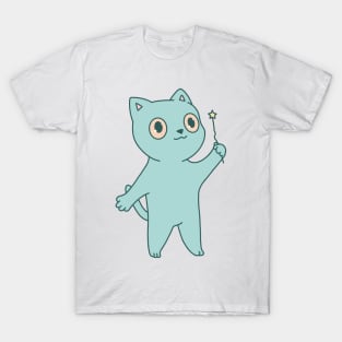 Cute blue cat illustration magic wand T-Shirt